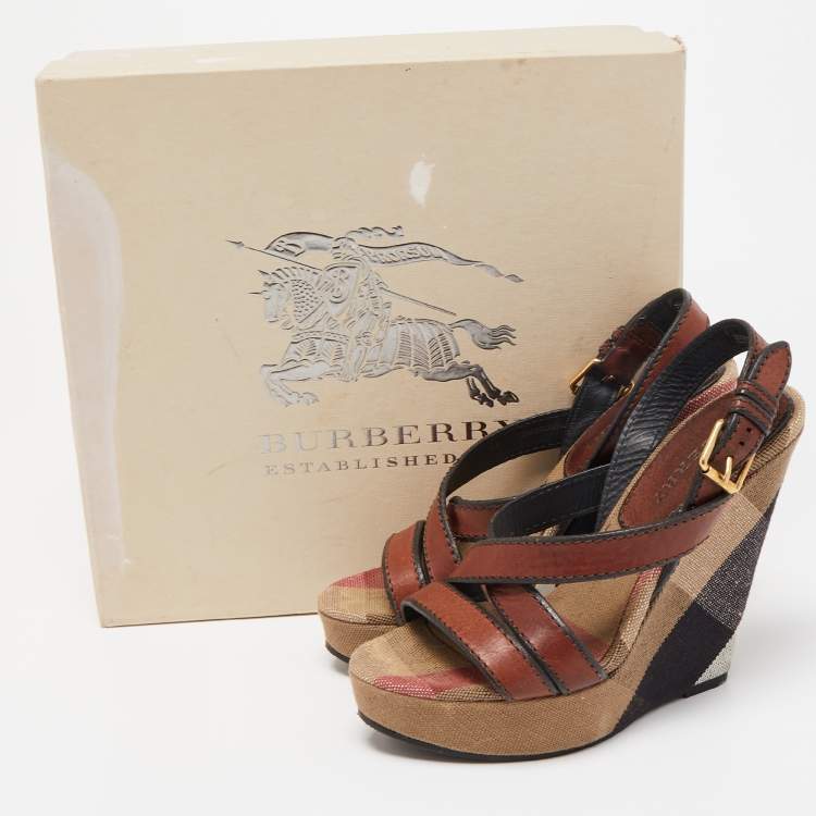 Pre Owned Burberry Brown Canvas and Leather Wedge Sandals Size 38