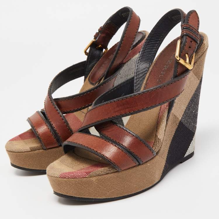 Pre Owned Burberry Brown Canvas and Leather Wedge Sandals Size 38
