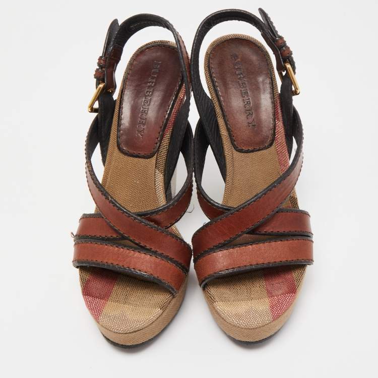 Pre Owned Burberry Brown Canvas and Leather Wedge Sandals Size 38