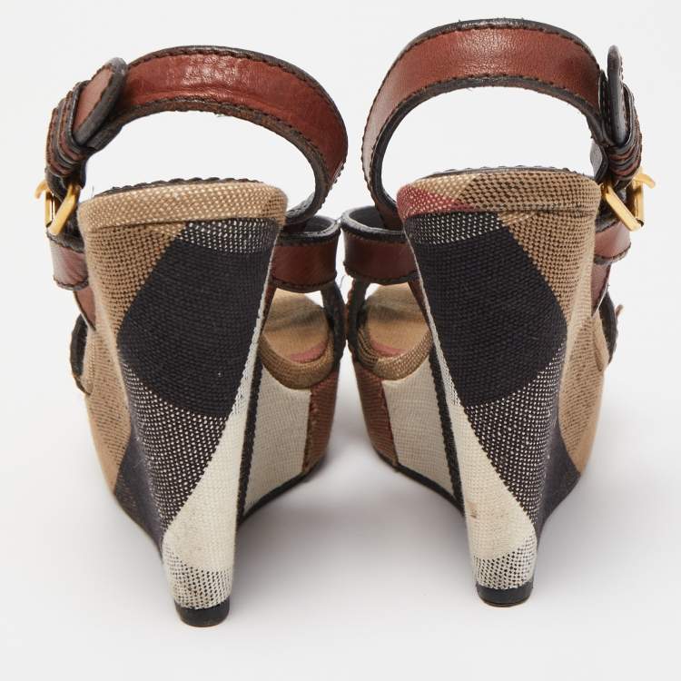 Pre Owned Burberry Brown Canvas and Leather Wedge Sandals Size 38