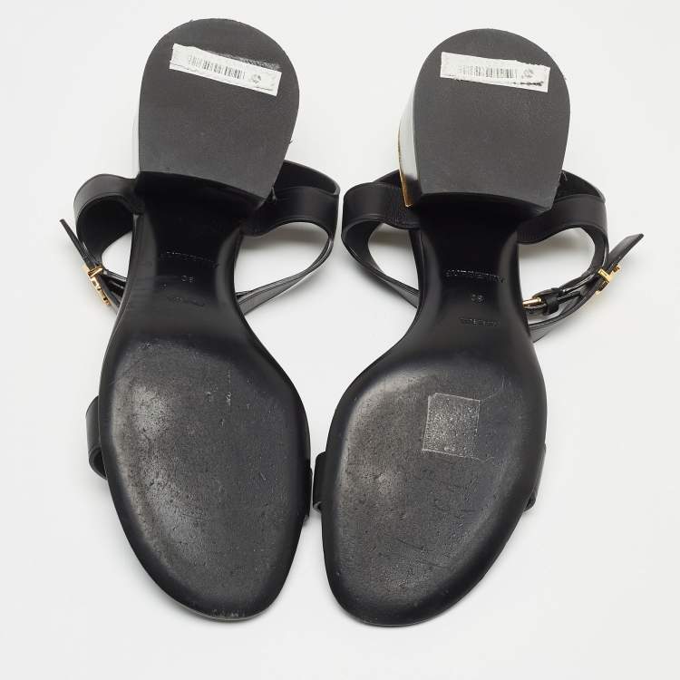 Pre Owned Burberry Black Leather TB Buckle Ankle Strap Block Heel Sandals Size 38