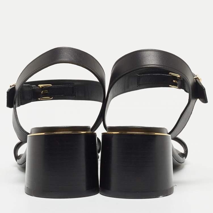 Pre Owned Burberry Black Leather TB Buckle Ankle Strap Block Heel Sandals Size 38