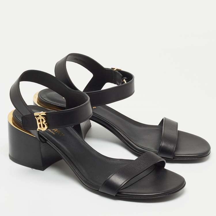 Pre Owned Burberry Black Leather TB Buckle Ankle Strap Block Heel Sandals Size 38