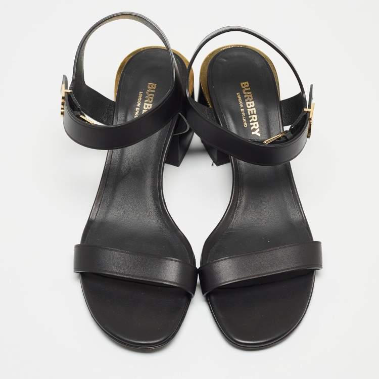 Pre Owned Burberry Black Leather TB Buckle Ankle Strap Block Heel Sandals Size 38