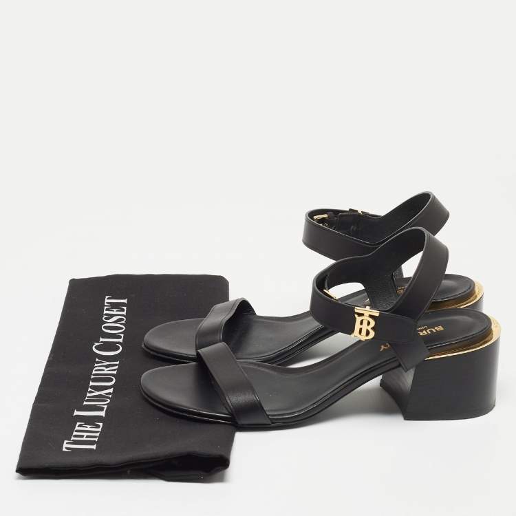 Pre Owned Burberry Black Leather TB Buckle Ankle Strap Block Heel Sandals Size 38