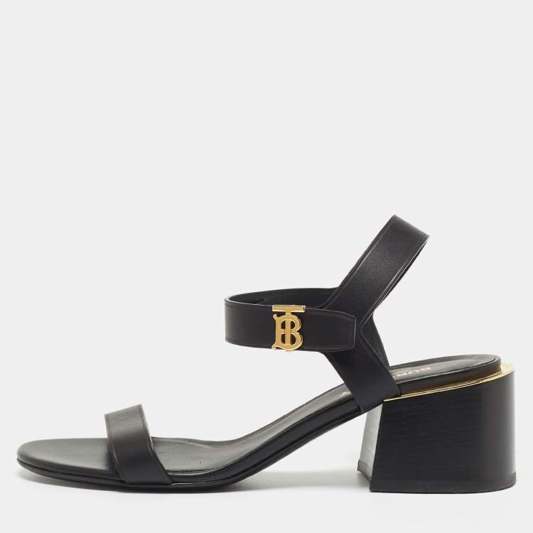 Pre Owned Burberry Black Leather TB Buckle Ankle Strap Block Heel Sandals Size 38