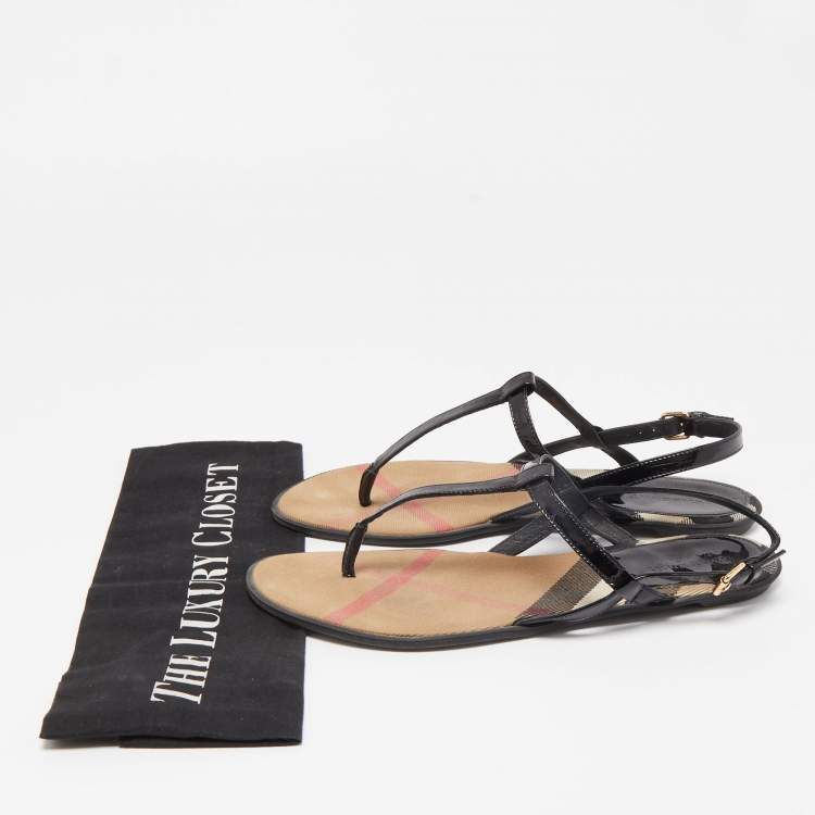 مملوكة مسبقًا Burberry Black Patent Leather Thong Flat Sandals Size 36