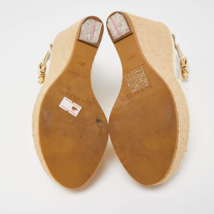 Pre Owned Burberry Cream Patent Peep Toe Wedge Espadrilles Sandals Size 36.5