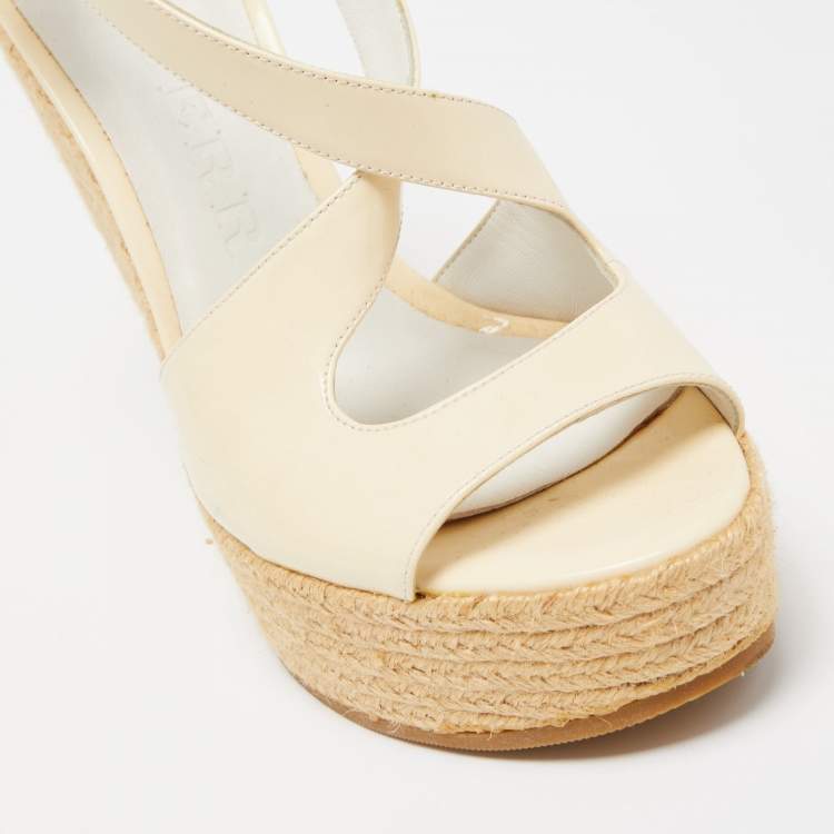 Pre Owned Burberry Cream Patent Peep Toe Wedge Espadrilles Sandals Size 36.5