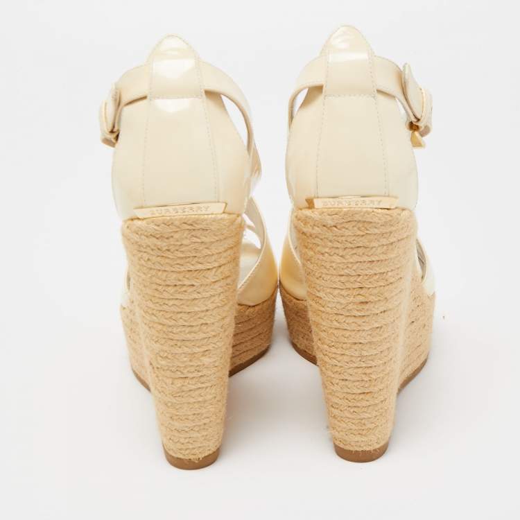 Pre Owned Burberry Cream Patent Peep Toe Wedge Espadrilles Sandals Size 36.5