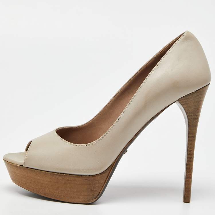 Pre Owned Burberry Beige Leather Peep Toe Platform Pumps Size 41