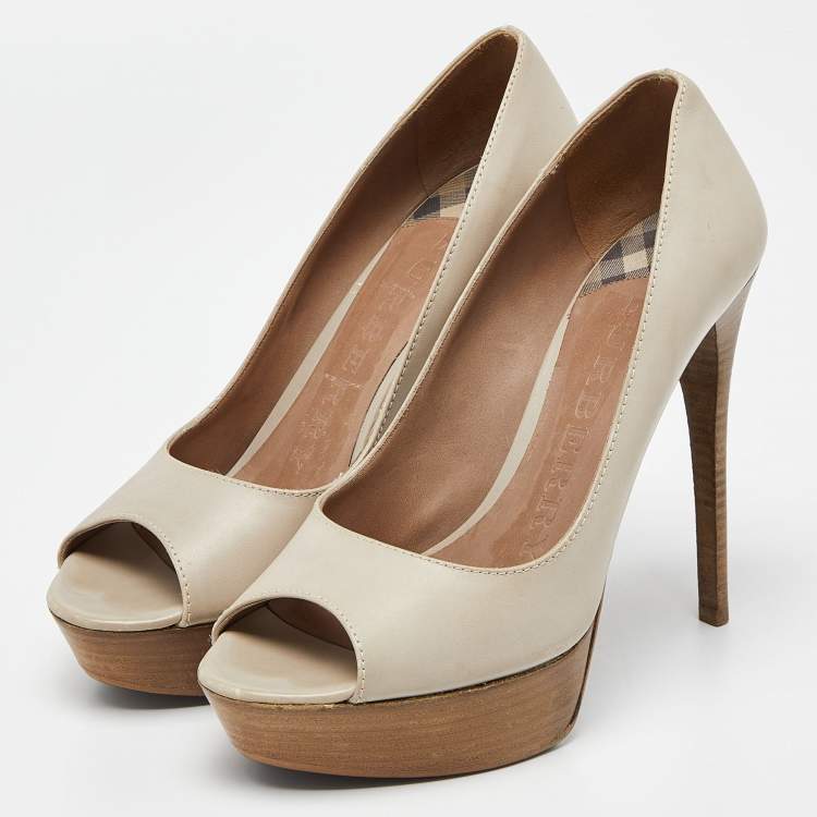 Pre Owned Burberry Beige Leather Peep Toe Platform Pumps Size 41