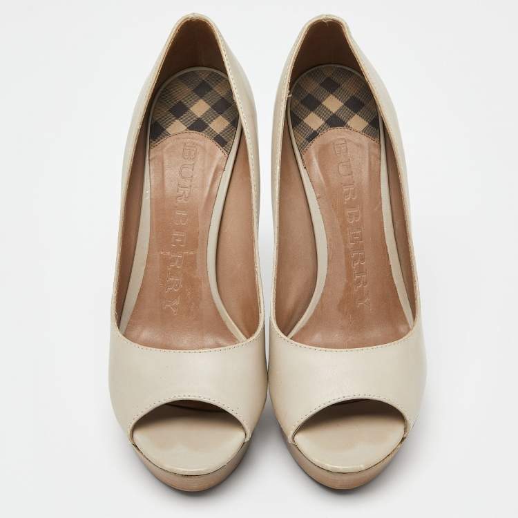 Pre Owned Burberry Beige Leather Peep Toe Platform Pumps Size 41