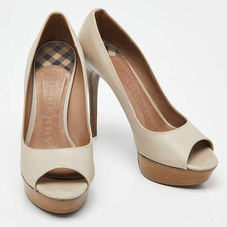 Pre Owned Burberry Beige Leather Peep Toe Platform Pumps Size 41