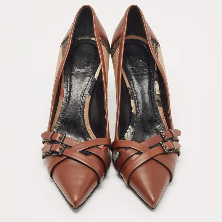Pre Owned Burberry Brown Leather and Nova Check Canvas Pointed Toe Pumps Size 41
