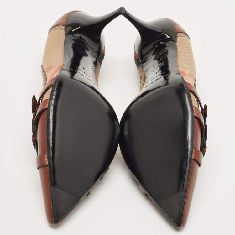 Pre Owned Burberry Brown Leather and Nova Check Canvas Pointed Toe Pumps Size 41