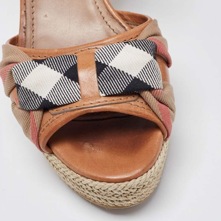 Pre Owned Burberry Brown Leather and Canvas Wedge Espadrilles Ankle Wrap Sandals Size 39.5