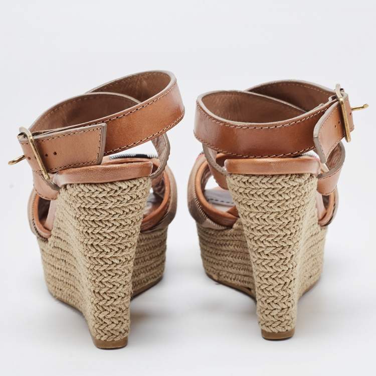 Pre Owned Burberry Brown Leather and Canvas Wedge Espadrilles Ankle Wrap Sandals Size 39.5