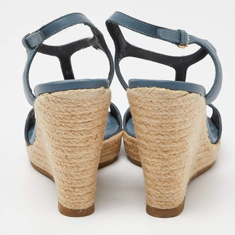 Pre Owned Burberry Blue/Brown Leather and House Check Canvas Espadrille Wedge Ankle Strap Sandals Size 38