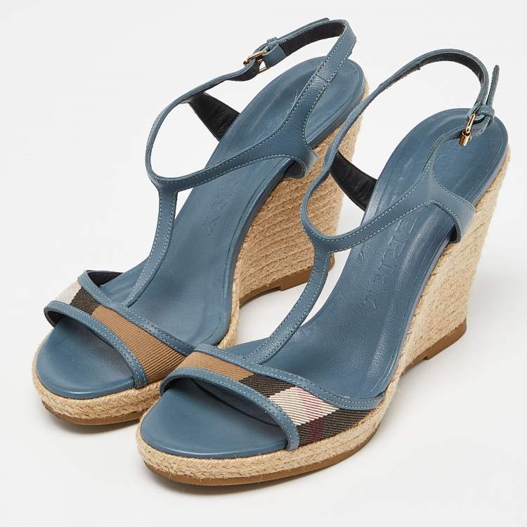 Pre Owned Burberry Blue/Brown Leather and House Check Canvas Espadrille Wedge Ankle Strap Sandals Size 38