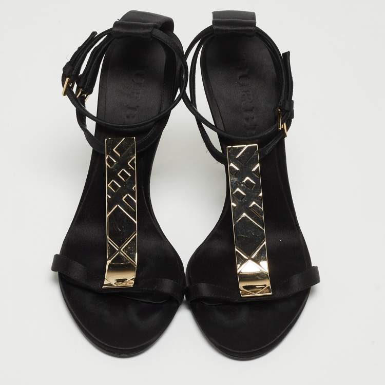 Pre Owned Burberry Black Satin T Strap Ankle Strap Sandals Size 37.5