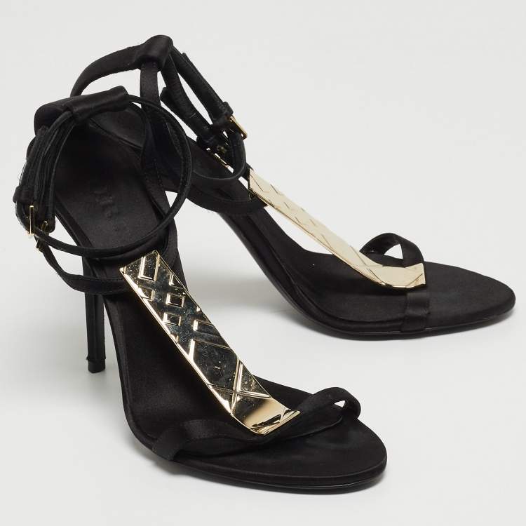 Pre Owned Burberry Black Satin T Strap Ankle Strap Sandals Size 37.5