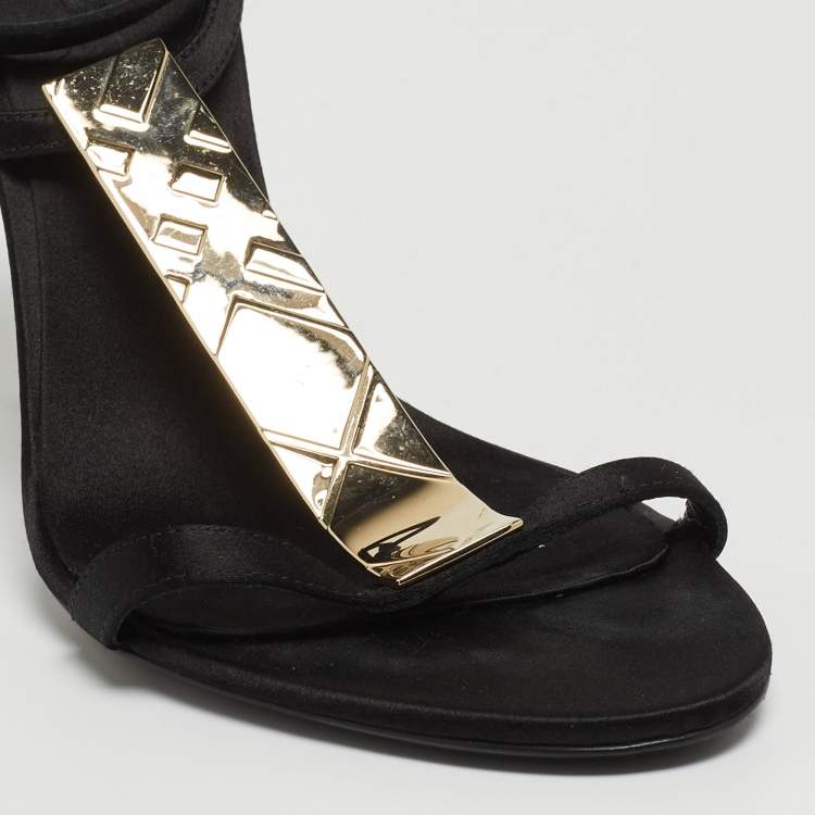 Pre Owned Burberry Black Satin T Strap Ankle Strap Sandals Size 37.5