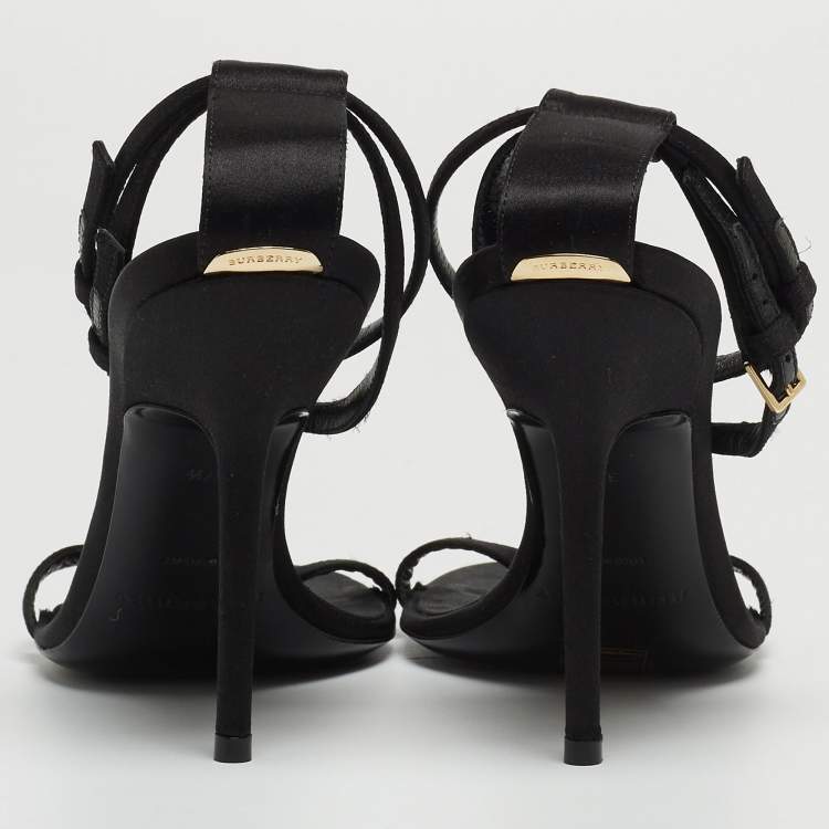 Pre Owned Burberry Black Satin T Strap Ankle Strap Sandals Size 37.5