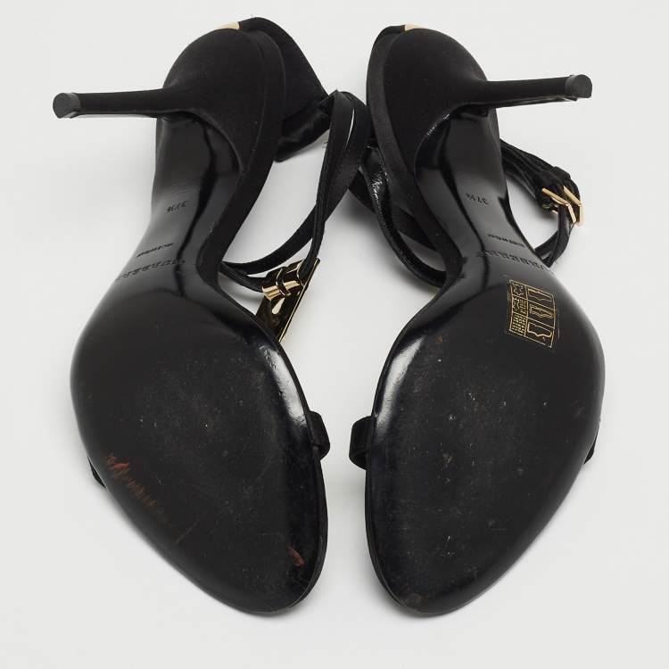 Pre Owned Burberry Black Satin T Strap Ankle Strap Sandals Size 37.5