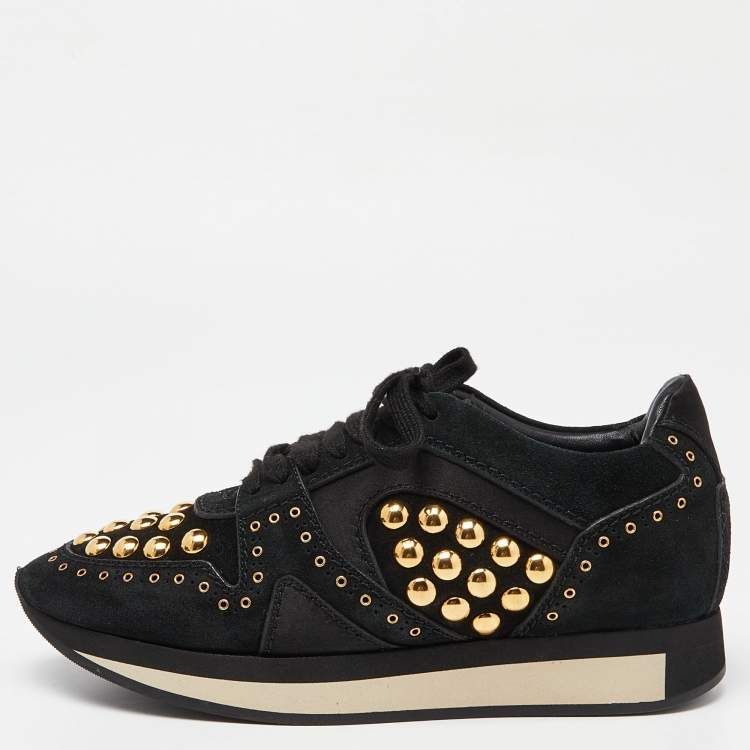 Pre Owned Burberry Black Suede and Satin Studded Low Top Sneakers Size 39