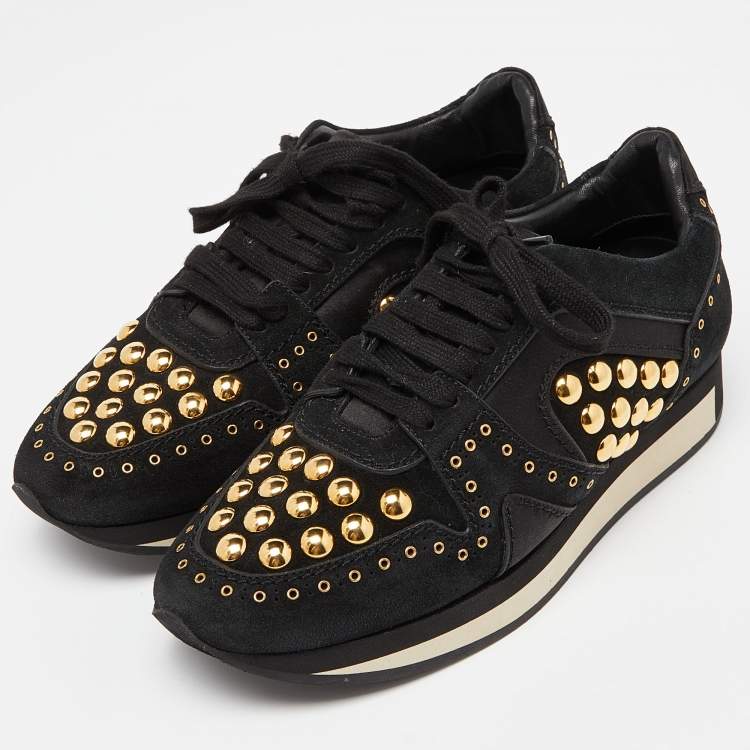 Pre Owned Burberry Black Suede and Satin Studded Low Top Sneakers Size 39
