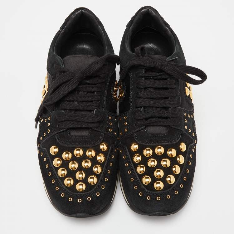 Pre Owned Burberry Black Suede and Satin Studded Low Top Sneakers Size 39