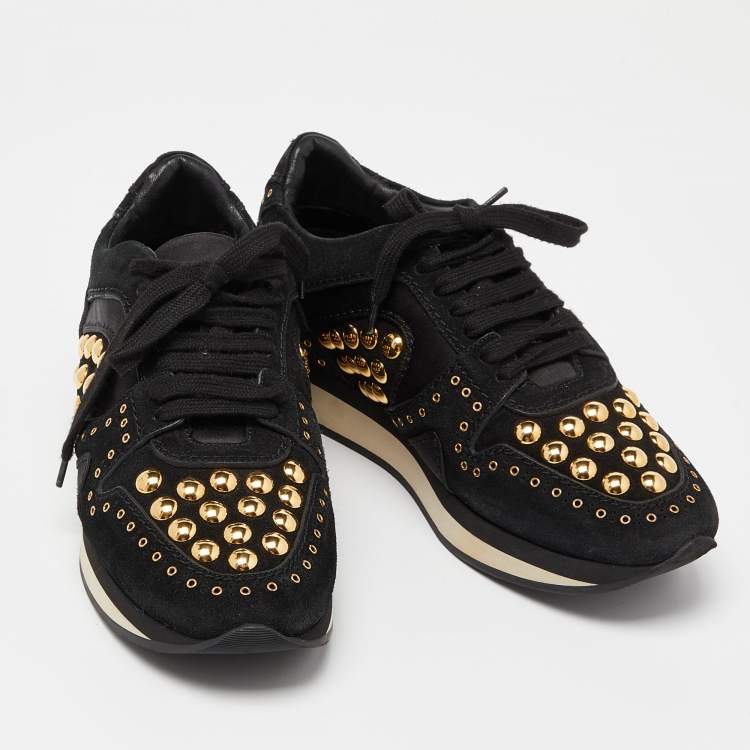 Pre Owned Burberry Black Suede and Satin Studded Low Top Sneakers Size 39