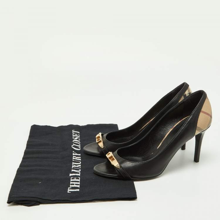 Pre Owned Burberry Black/Beige Leather and Check Coated Canvas Embellished Open Toe Pumps Size 37