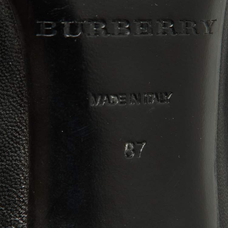 Pre Owned Burberry Black/Beige Leather and Check Coated Canvas Embellished Open Toe Pumps Size 37
