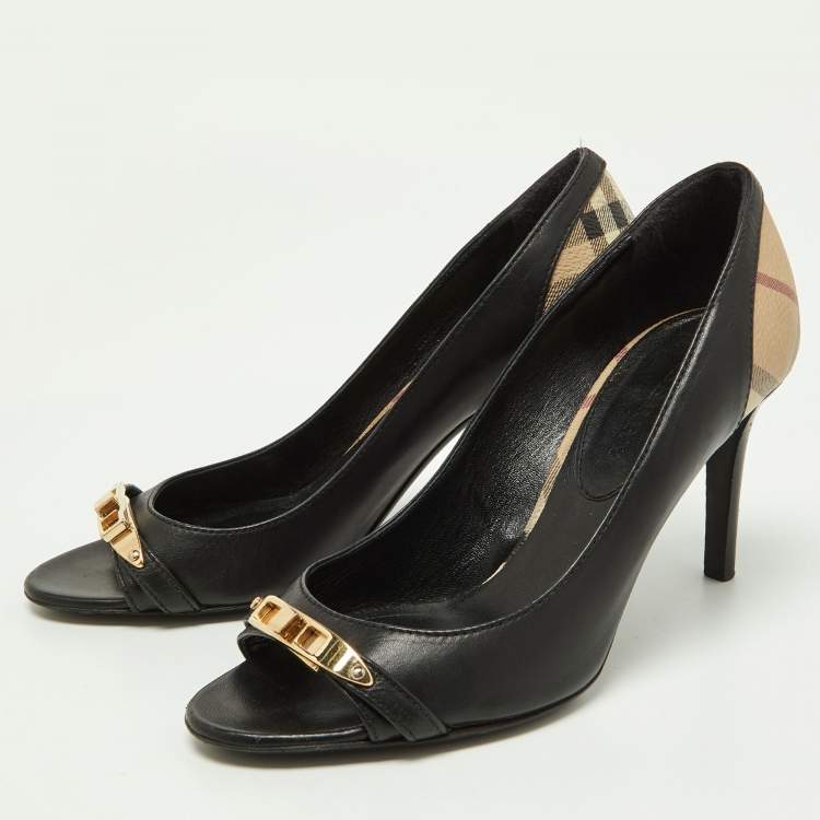 Pre Owned Burberry Black/Beige Leather and Check Coated Canvas Embellished Open Toe Pumps Size 37