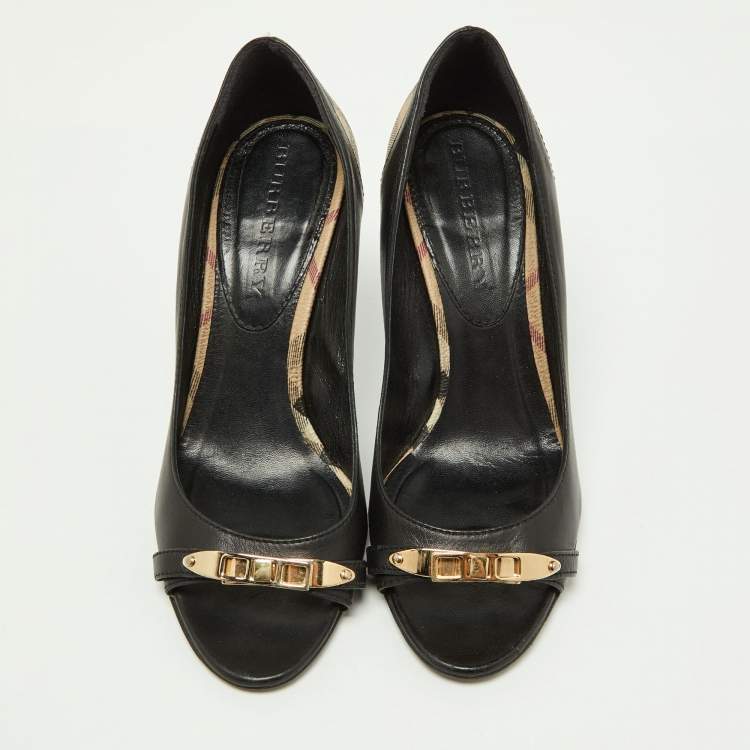 Pre Owned Burberry Black/Beige Leather and Check Coated Canvas Embellished Open Toe Pumps Size 37
