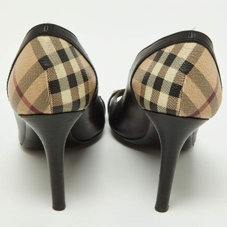 Pre Owned Burberry Black/Beige Leather and Check Coated Canvas Embellished Open Toe Pumps Size 37