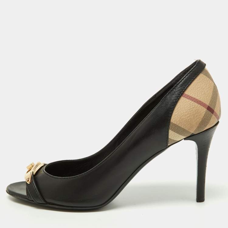 Pre Owned Burberry Black/Beige Leather and Check Coated Canvas Embellished Open Toe Pumps Size 37