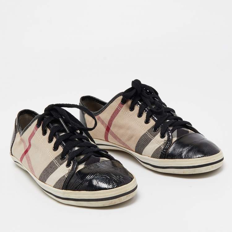 Pre Owned Burberry Black/Beige Novacheck Canvas And Leather Cap Toe Low Top Sneakers Size 39