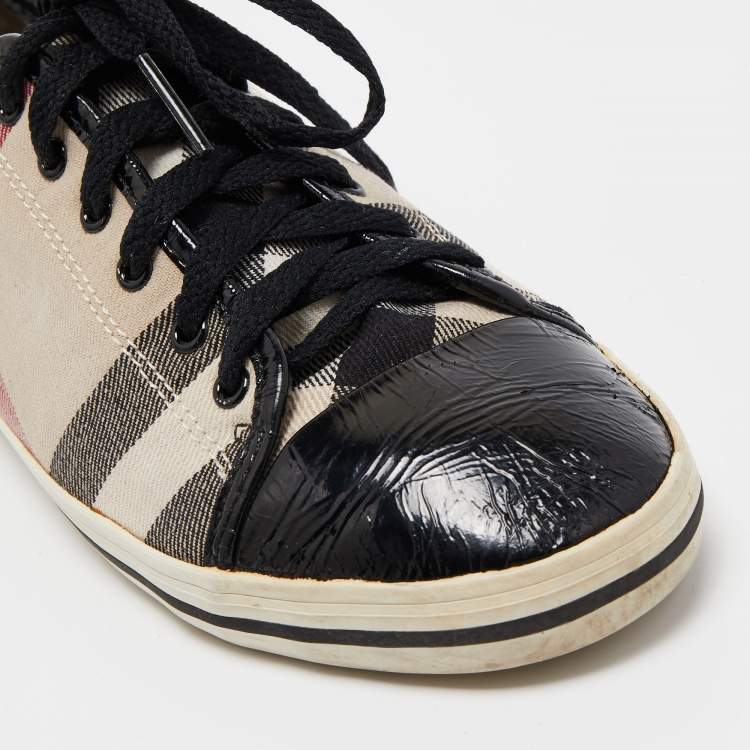Pre Owned Burberry Black/Beige Novacheck Canvas And Leather Cap Toe Low Top Sneakers Size 39