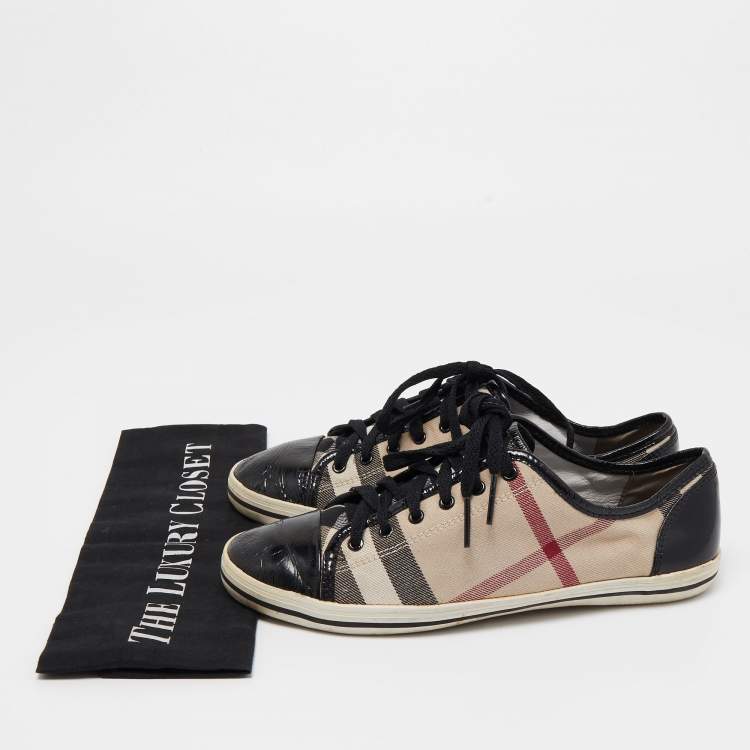 Pre Owned Burberry Black/Beige Novacheck Canvas And Leather Cap Toe Low Top Sneakers Size 39
