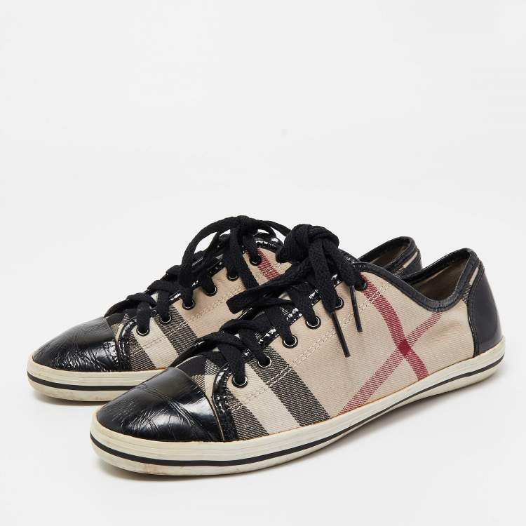 Pre Owned Burberry Black/Beige Novacheck Canvas And Leather Cap Toe Low Top Sneakers Size 39