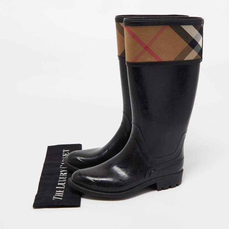 Pre Owned Burberry Black Rubber Wellington Rain Boots Size 38