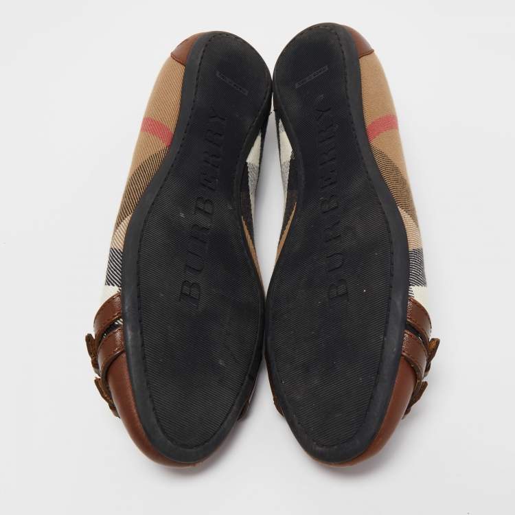 Pre Owned Burberry Brown House Check Canvas and Leather Buckle Ballet Flats Size 37