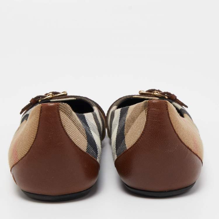 Pre Owned Burberry Brown House Check Canvas and Leather Buckle Ballet Flats Size 37