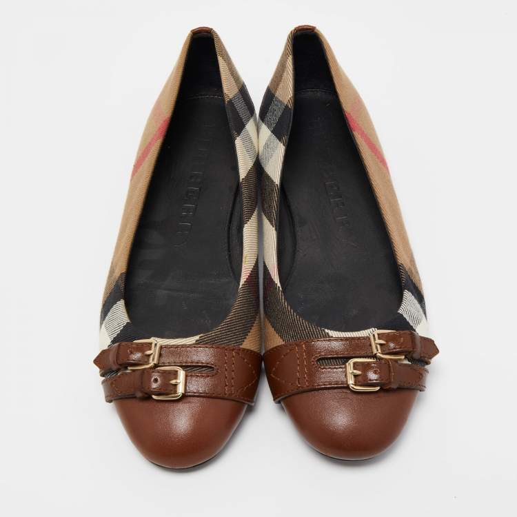Pre Owned Burberry Brown House Check Canvas and Leather Buckle Ballet Flats Size 37