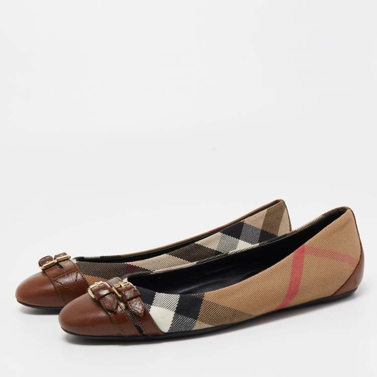 Pre Owned Burberry Brown House Check Canvas and Leather Buckle Ballet Flats Size 37