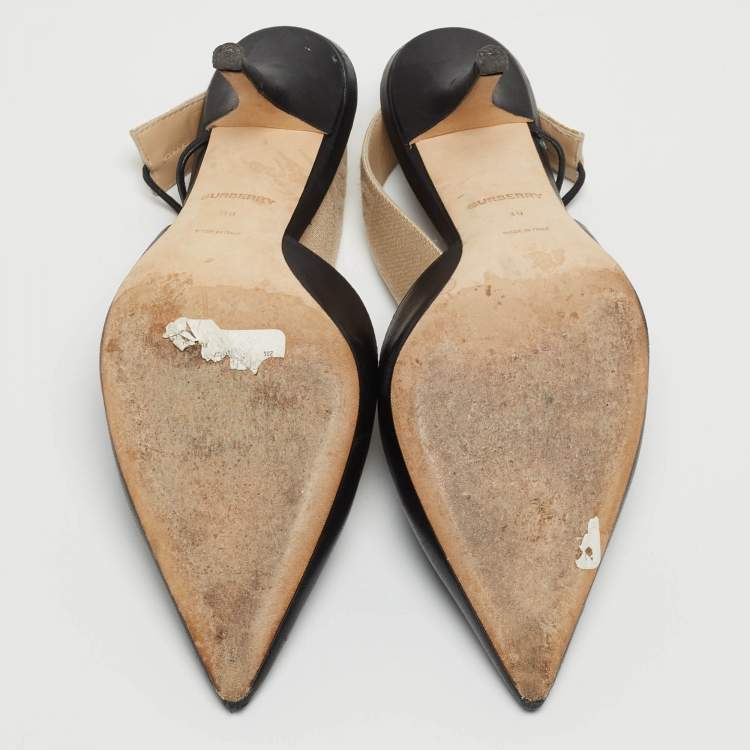 Pre Owned Burberry Black/Beige Leather and Logo Canvas Maria Slingback Pumps Size 39
