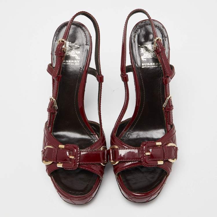 Pre Owned Burberry Burgundy Quilted Patent Leather Buckle Detail Platform Slingback Sandals Size 37